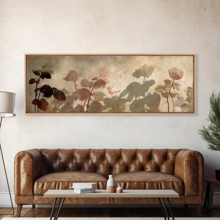 Tonal Botanical Shadows on Plaster Surface Framed Canvas Print, Above Bed Art, 3 Piece Wall Art, Bedroom Decor, Serenity, ABA-3x1-15