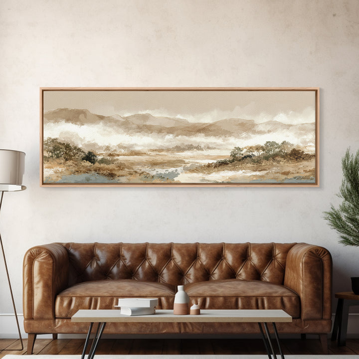 Panoramic Misty Mountain Landscape Framed Canvas Print, Above Bed Art, Boho Wall Art, Bedroom Decor, Fine Art, Serenity, ABA-3x1-17