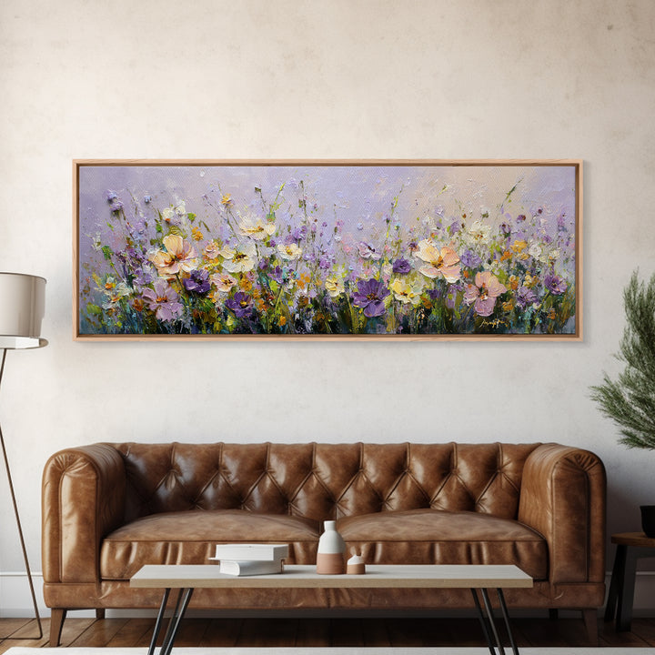 Wide Meadow of Muted Wildflowers at Dusk Framed Canvas Print, Above Bed Art, Bedroom Decor, Watercolor Art, Serenity, ABA-3x1-2