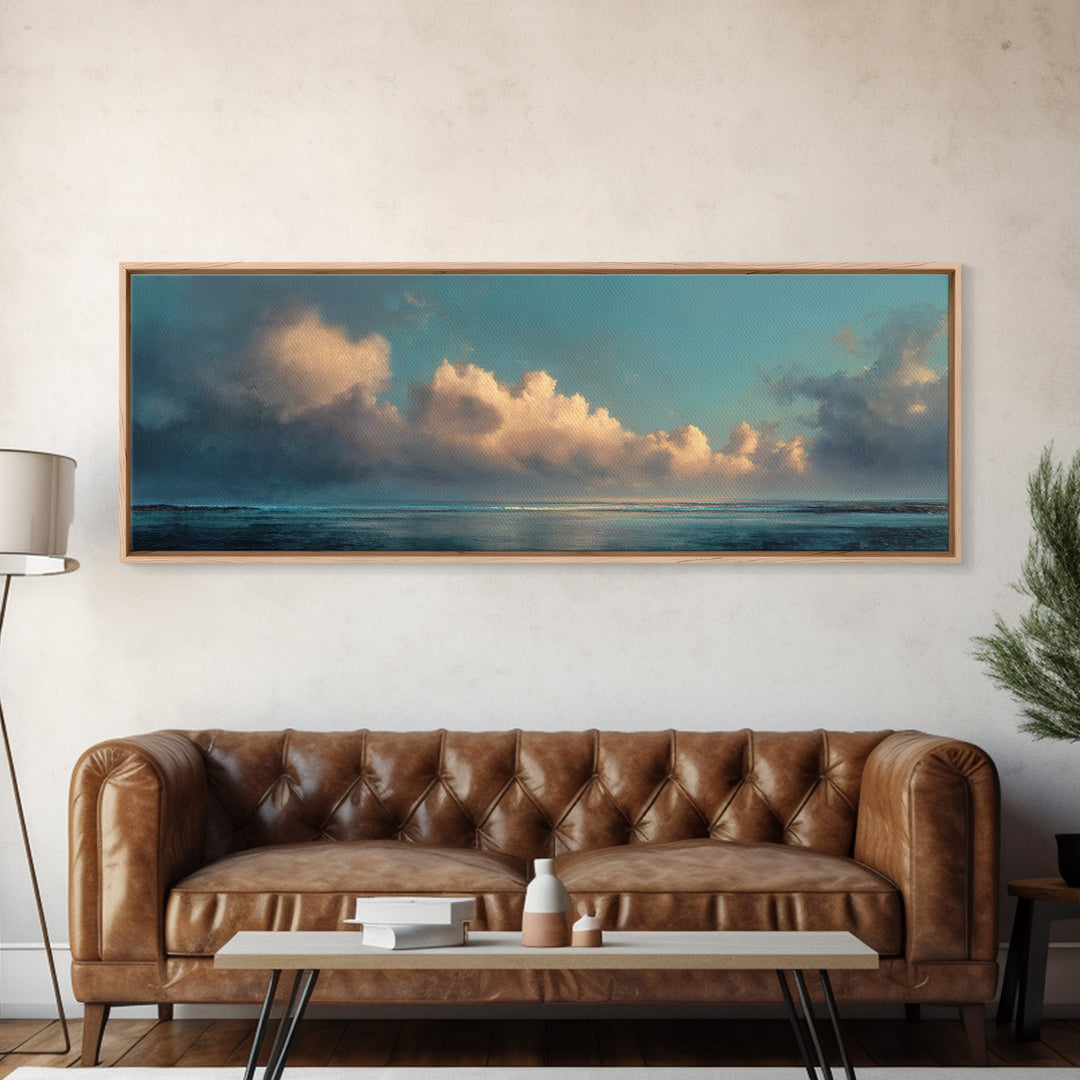 Tranquil Cloudscape with Blush Undertones Canvas Print, Above Bed Art, Horizontal Wall Art, Bedroom Decor, Fine Art, Serenity, ABA-3x1-21
