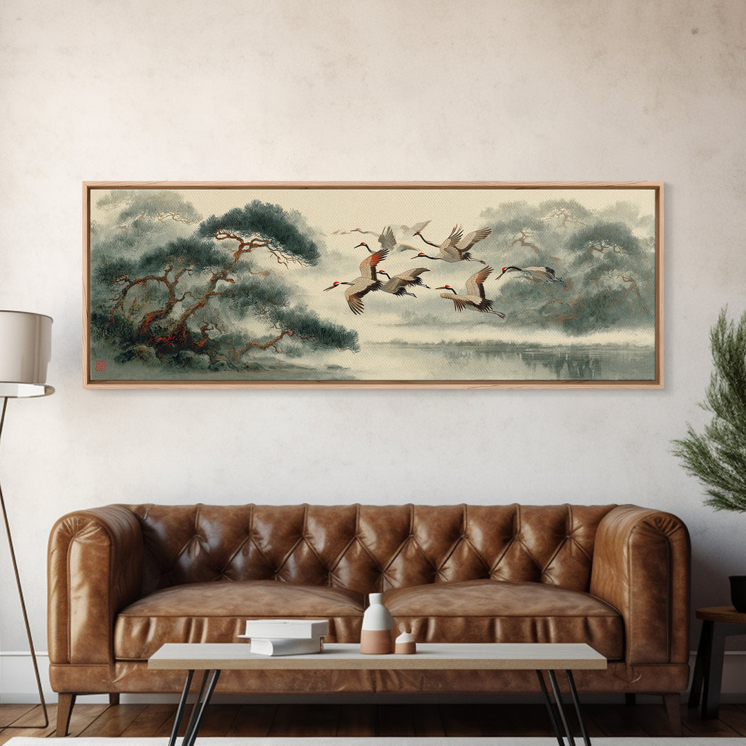 Ethereal Cranes Flying Through Pale Morning Mist Canvas Print, Above Bed Art, Dopamine Decor, Bedroom Decor, Abstract Art, ABA-3x1-25