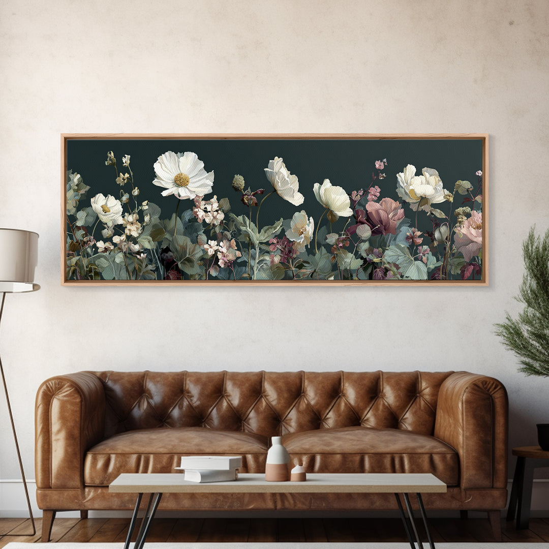 Wide Meadow of Muted Wildflowers at Dusk Canvas Print, Above Bed Art, Bedroom Decor, Serenity, Boho Decor, Western Decor, ABA-3x1-26