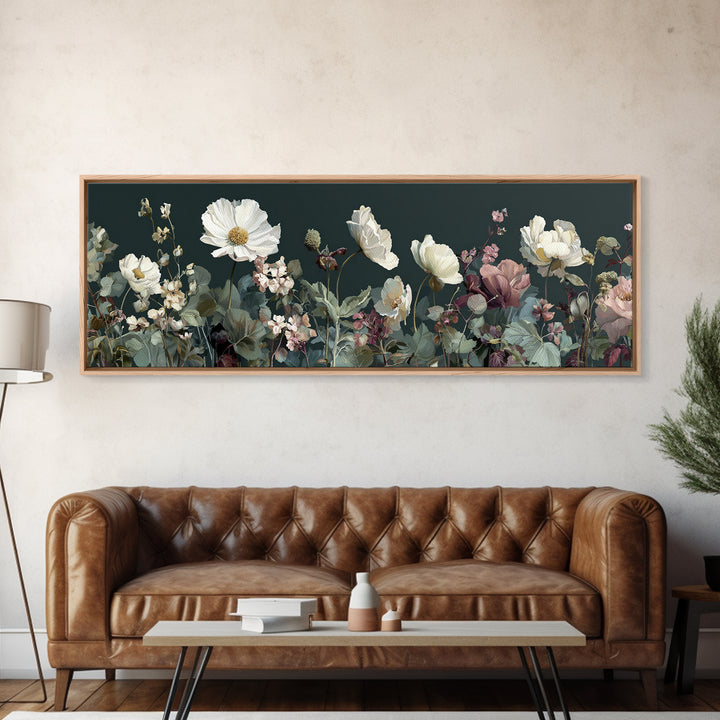 Wide Meadow of Muted Wildflowers at Dusk Canvas Print, Above Bed Art, Bedroom Decor, Serenity, Boho Decor, Western Decor, ABA-3x1-26