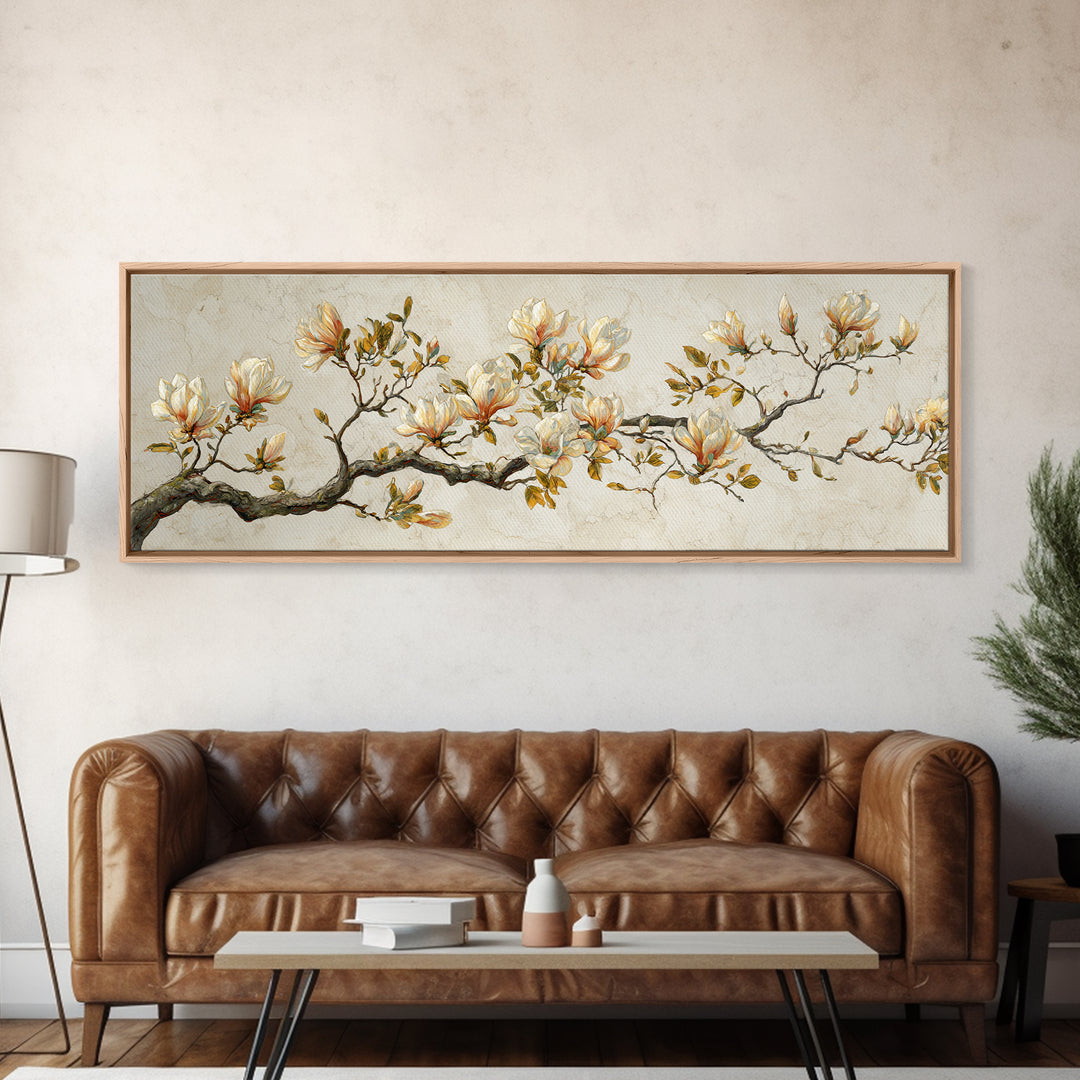 Delicate Magnolia Branch on Cream Background Framed Canvas Print, Above Bed Art, Bedroom Wall Decor, Bedroom Decor, Serenity, ABA-3x1-32