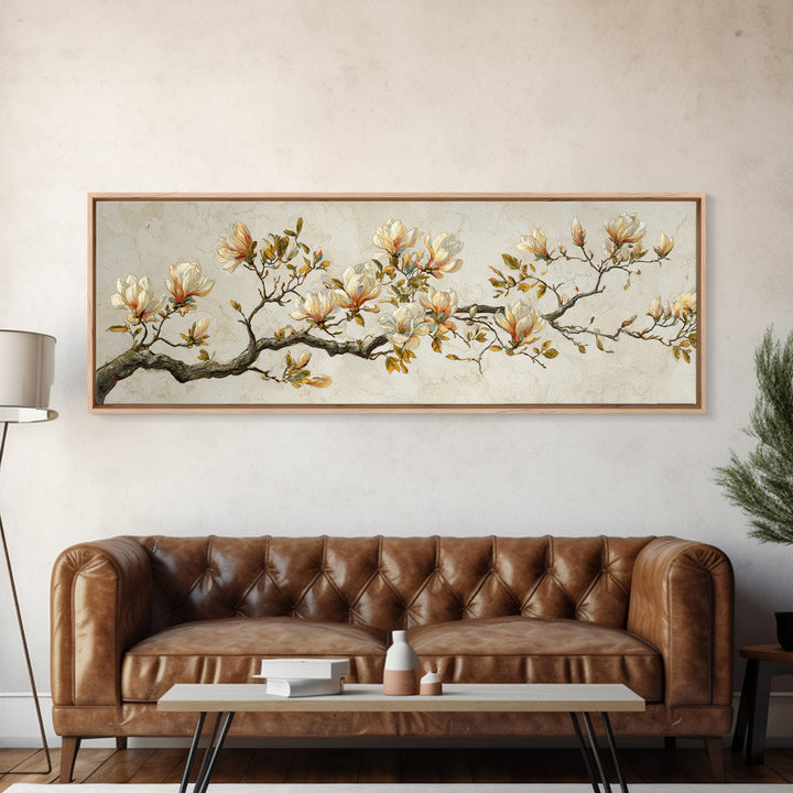 Delicate Magnolia Branch on Cream Background Framed Canvas Print, Above Bed Art, Bedroom Wall Decor, Bedroom Decor, Serenity, ABA-3x1-32