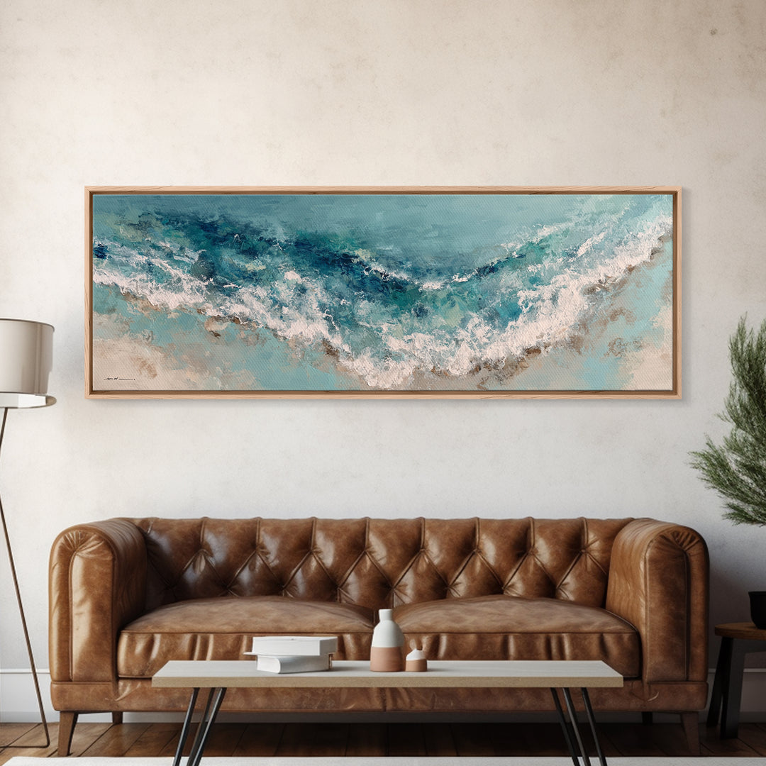 Serene Ocean Tide Seen from Above Framed Canvas Print, Above Bed Art, Whimsical Decor, Bedroom Decor, Fine Art, Serenity, ABA-3x1-37
