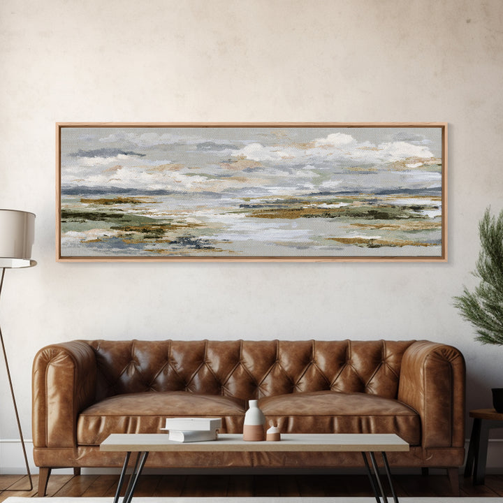 Tranquil Cloudscape with Blush Undertones Canvas Print, Above Bed Art, Horizontal Wall Art, Bedroom Decor, Fine Art, Serenity, ABA-3x1-45
