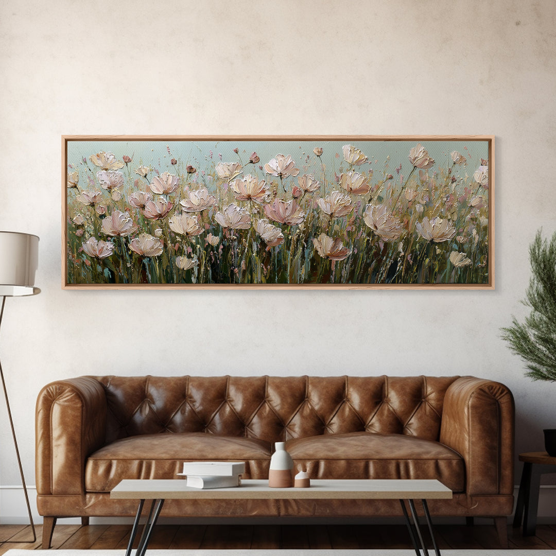 Wide Meadow of Muted Wildflowers at Dusk Canvas Print, Above Bed Art, Bedroom Decor, Serenity, Boho Decor, Western Decor, ABA-3x1-50
