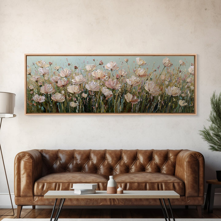 Wide Meadow of Muted Wildflowers at Dusk Canvas Print, Above Bed Art, Bedroom Decor, Serenity, Boho Decor, Western Decor, ABA-3x1-50