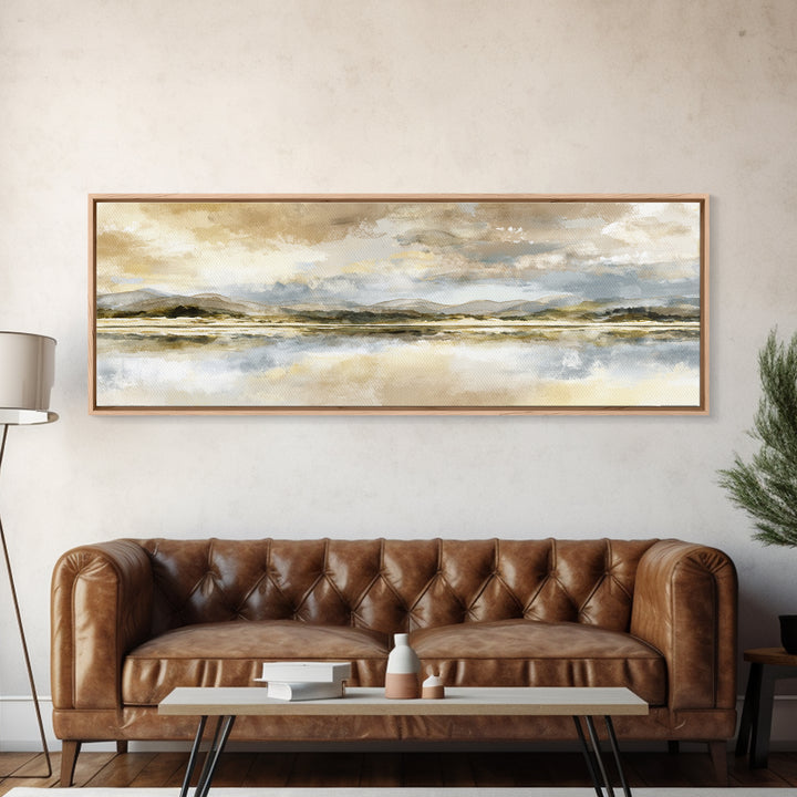 Calming Lake Reflection Framed Canvas Print, Above Bed Art, Printable Wall Art, Bedroom Decor, Oil Painting, Serenity, ABA-3x1-51