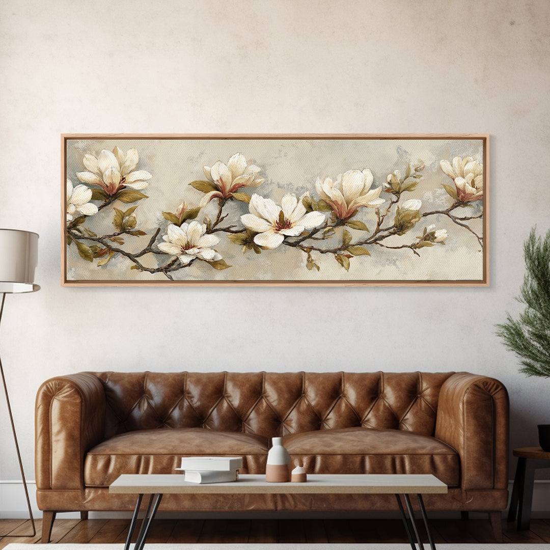 Delicate Magnolia Branch on Cream Background Canvas Print, Above Bed Art, Textured Painting, Bedroom Decor, Serenity, ABA-3x1-56