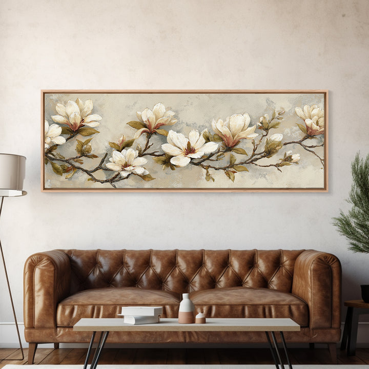 Delicate Magnolia Branch on Cream Background Canvas Print, Above Bed Art, Textured Painting, Bedroom Decor, Serenity, ABA-3x1-56