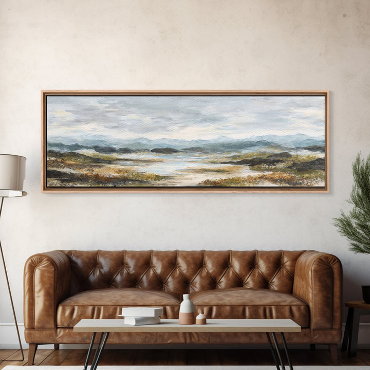 Soft Romantic Landscape Framed Canvas Print, Above Bed Art, Sage Green Wall Art, Bedroom Decor, Serenity, Modern Decor, ABA-3x1-57