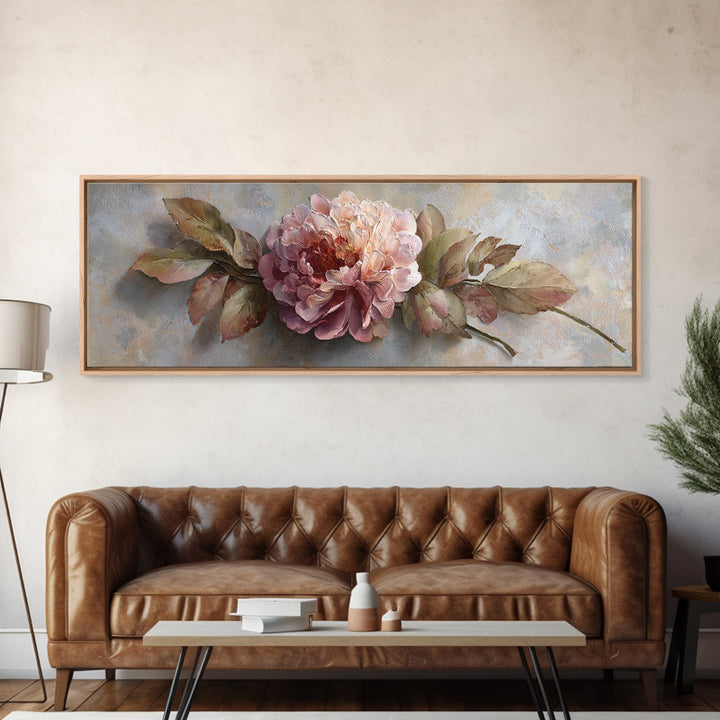 Romantic Oversized Peony Bloom on Warm Linen Canvas Print, Above Bed Art, Printable Art, Bedroom Decor, Abstract Art, Serenity, ABA-3x1-66