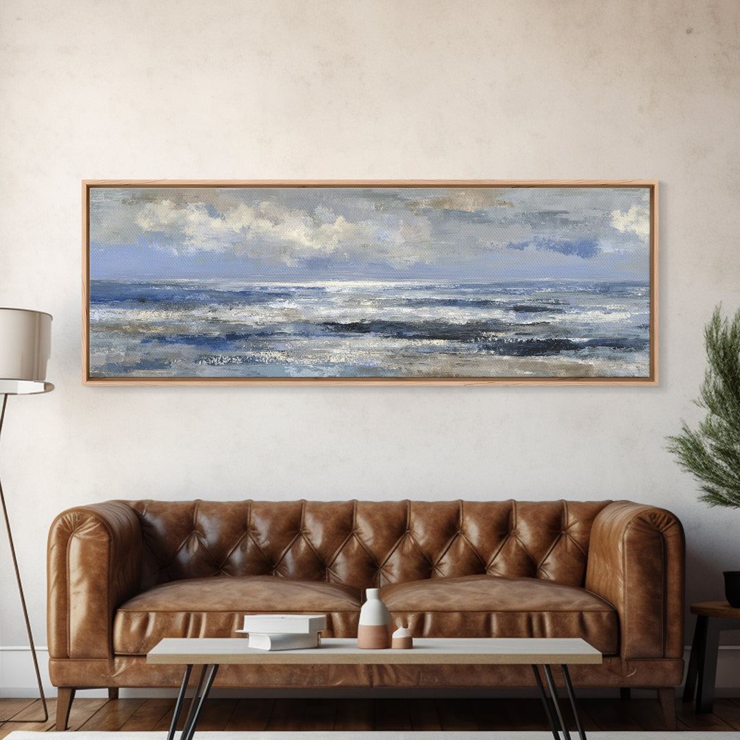 Quiet Moon over a Calm Ocean Horizon Framed Canvas Print, Above Bed Art, Large Wall Art, Bedroom Decor, Fine Art, Serenity, ABA-3x1-67