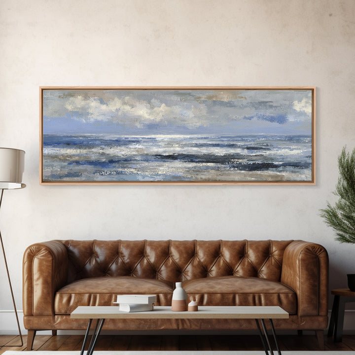 Quiet Moon over a Calm Ocean Horizon Framed Canvas Print, Above Bed Art, Large Wall Art, Bedroom Decor, Fine Art, Serenity, ABA-3x1-67