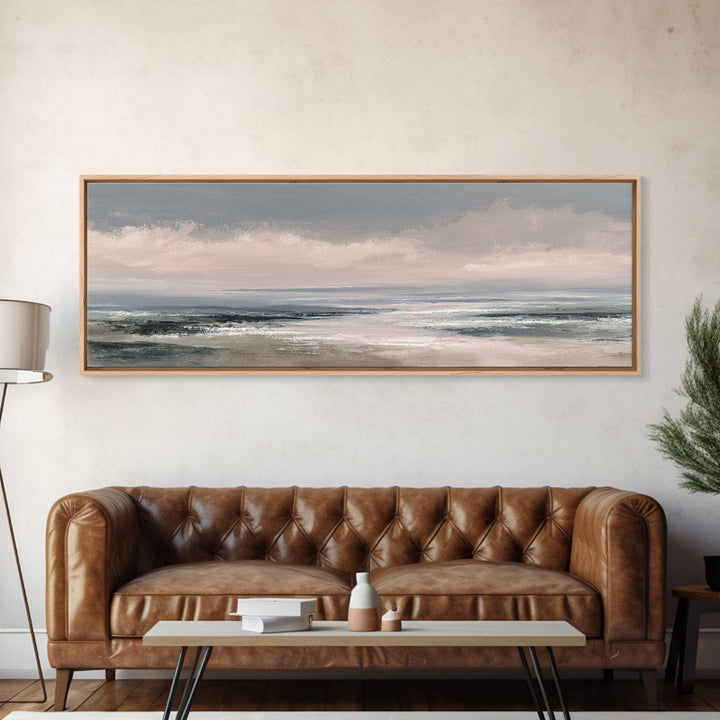 Tranquil Cloudscape with Blush Undertones Framed Canvas Print, Above Bed Art, Western Decor, Bedroom Decor, Fine Art, Serenity, ABA-3x1-69