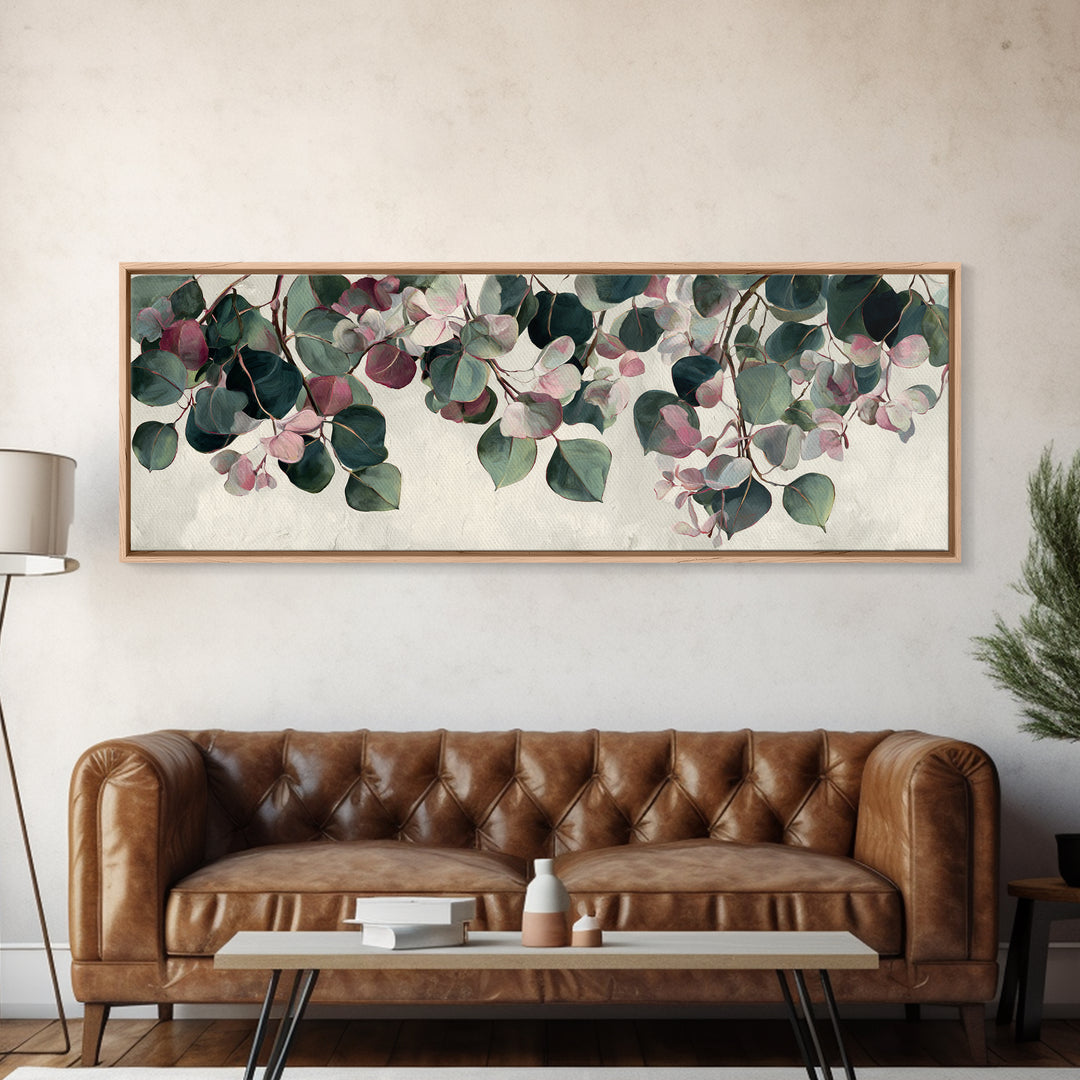 Soft Eucalyptus Branches Arranged Symmetrically Canvas Print, Above Bed Art, Art Print, Bedroom Decor, Watercolor Art, Serenity, ABA-3x1-70
