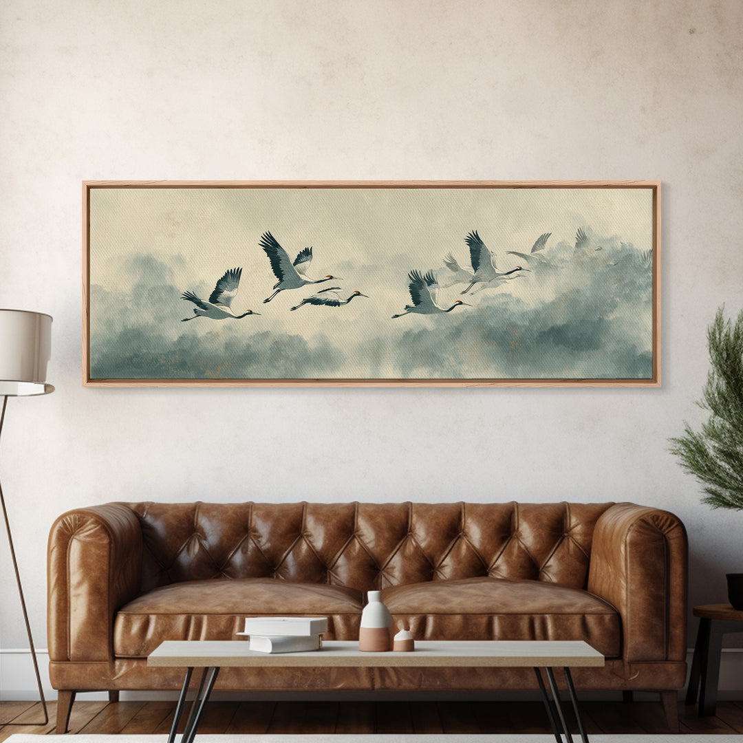 Ethereal Cranes Flying Through Pale Morning Mist Canvas Print, Above Bed Art, Living Room Wall Art, Bedroom Decor, Serenity, ABA-3x1-73