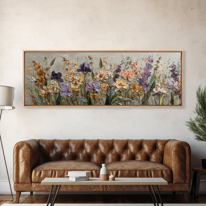 Wide Meadow of Muted Wildflowers at Dusk Framed Canvas Print, Above Bed Art, Whimsical Decor, Bedroom Decor, Fine Art, Serenity, ABA-3x1-74