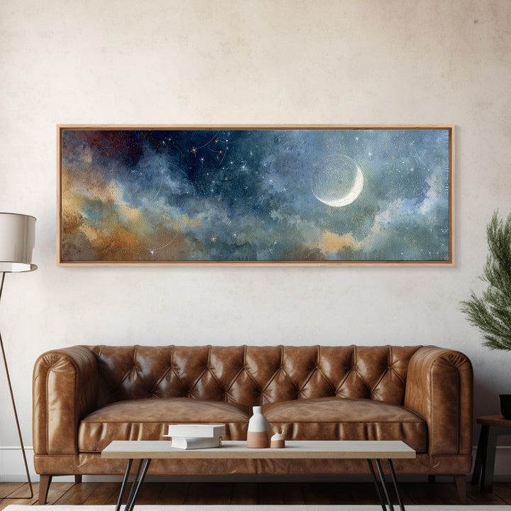 Subtle Celestial Scene Framed Canvas Print, Above Bed Art, Japanese Wall Art, Bedroom Decor, Fine Art, Serenity, Neutral Decor, ABA-3x1-77
