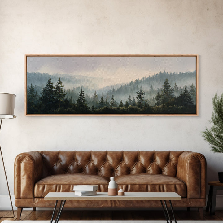 Quiet Forest Ridge Softened by Fog Canvas Print, Above Bed Art, Digital Prints, Bedroom Decor, Oil Painting, Serenity, ABA-3x1-78