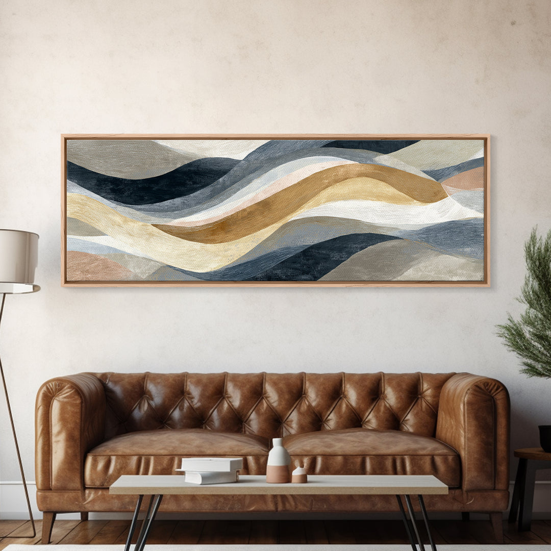 Warm Taupe Abstract Waves Framed Canvas Print, Above Bed Art, Bedroom Decor, Abstract Art, Serenity, Boho Decor, Western Decor, ABA-3x1-79