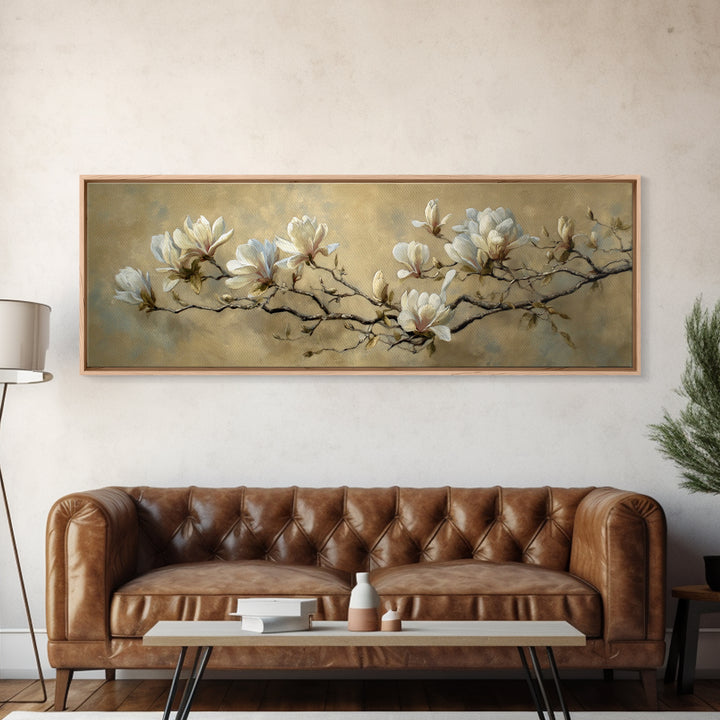 Delicate Magnolia Branch on Cream Background Canvas Print, Above Bed Art, Digital Prints, Bedroom Decor, Watercolor Art, ABA-3x1-80