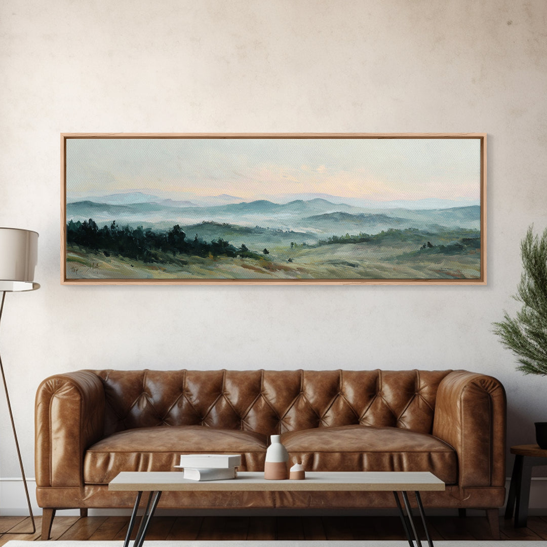 Soft Romantic Landscape Framed Canvas Print, Above Bed Art, Sage Green Wall Art, Bedroom Decor, Serenity, Modern Decor, ABA-3x1-81