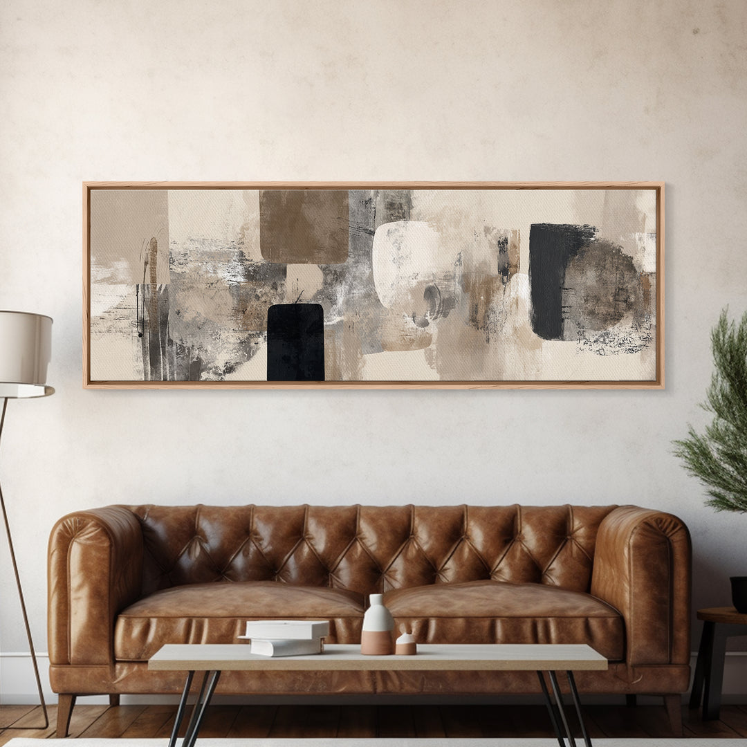 Japandi Ink Shapes Framed Canvas Print, Above Bed Art, Digital Print, Bedroom Decor, Fine Art, Serenity, Living Room Wall Art, ABA-3x1-82