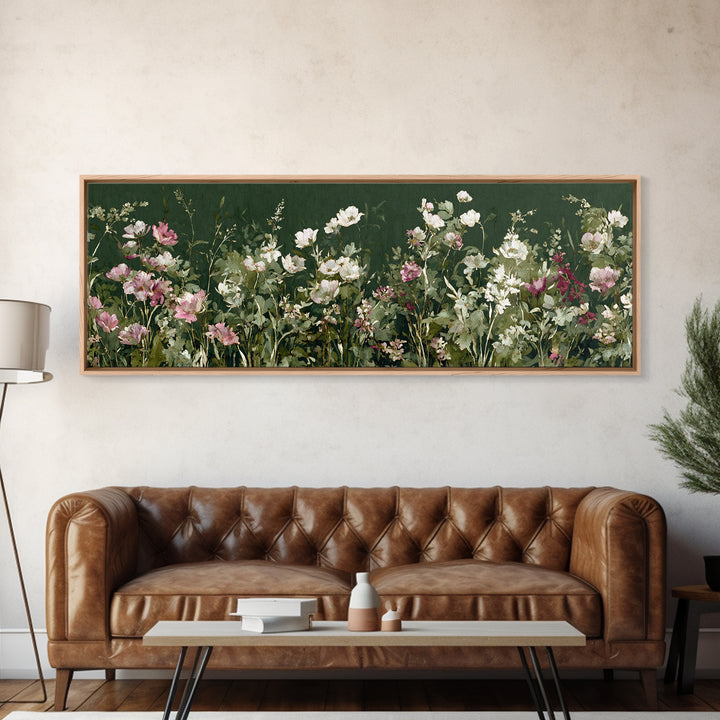 Wide Meadow of Muted Wildflowers at Dusk Canvas Print, Above Bed Art, Boho Wall Decor, Bedroom Decor, Oil Painting, Serenity, ABA-3x1-98