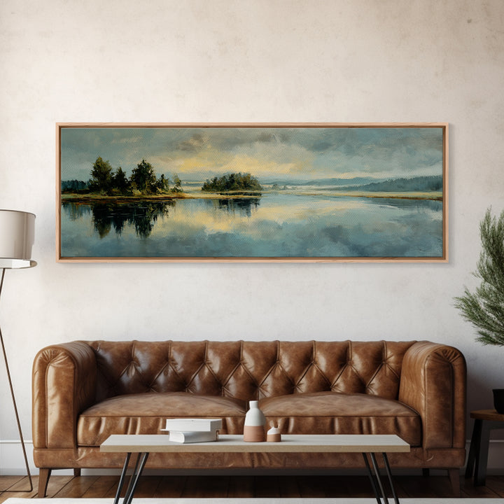 Calming Lake Reflection Framed Canvas Print, Above Bed Art, Bedroom Decor, Oil Painting, Serenity, Canvas Wall Art, ABA-3x1-99