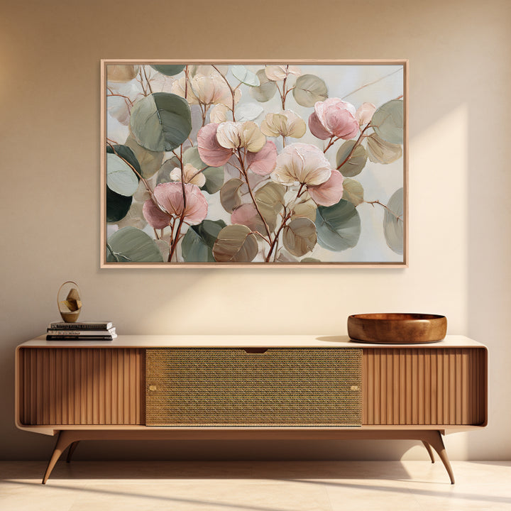 Soft Eucalyptus Branches Arranged Symmetrically Canvas Print, Above Bed Art, Textured Wall Art, Bedroom Decor, Serenity, ABA-3x2-10