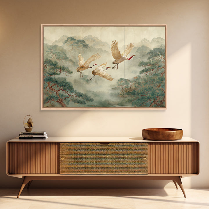 Ethereal Cranes Flying Through Pale Morning Mist Canvas Print, Above Bed Art, Living Room Decor, Bedroom Decor, Serenity, ABA-3x2-13