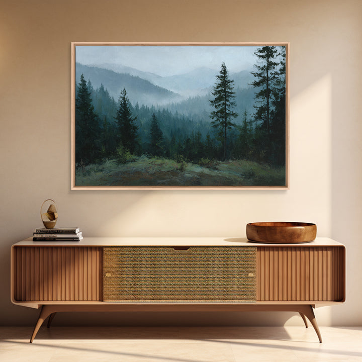 Quiet Forest Ridge Softened by Fog Framed Canvas Print, Above Bed Art, Large Wall Art, Bedroom Decor, Fine Art, Serenity, ABA-3x2-18