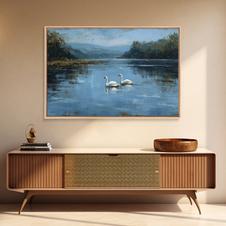 Paired Swans in a Dreamy Painterly Lake Framed Canvas Print, Above Bed Art, Printable Wall Art, Bedroom Decor, Serenity, ABA-3x2-2