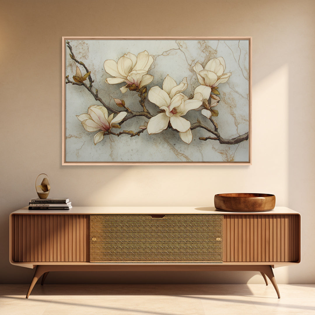 Delicate Magnolia Branch on Cream Background Framed Canvas Print, Above Bed Art, Printable Art, Bedroom Decor, Watercolor Art, ABA-3x2-20