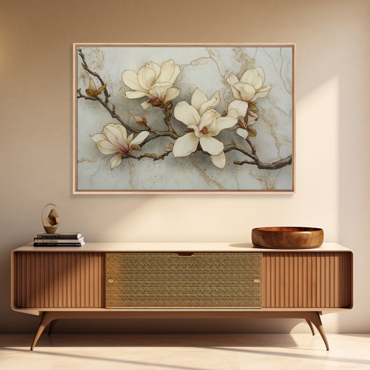 Delicate Magnolia Branch on Cream Background Framed Canvas Print, Above Bed Art, Printable Art, Bedroom Decor, Watercolor Art, ABA-3x2-20