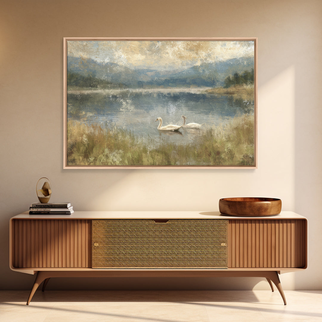 Paired Swans in a Dreamy Painterly Lake Canvas Print, Above Bed Art, Canvas Wall Art, Bedroom Decor, Watercolor Art, Serenity, ABA-3x2-26