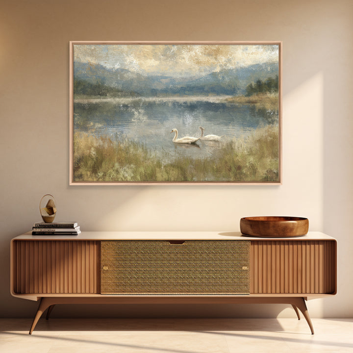 Paired Swans in a Dreamy Painterly Lake Canvas Print, Above Bed Art, Canvas Wall Art, Bedroom Decor, Watercolor Art, Serenity, ABA-3x2-26