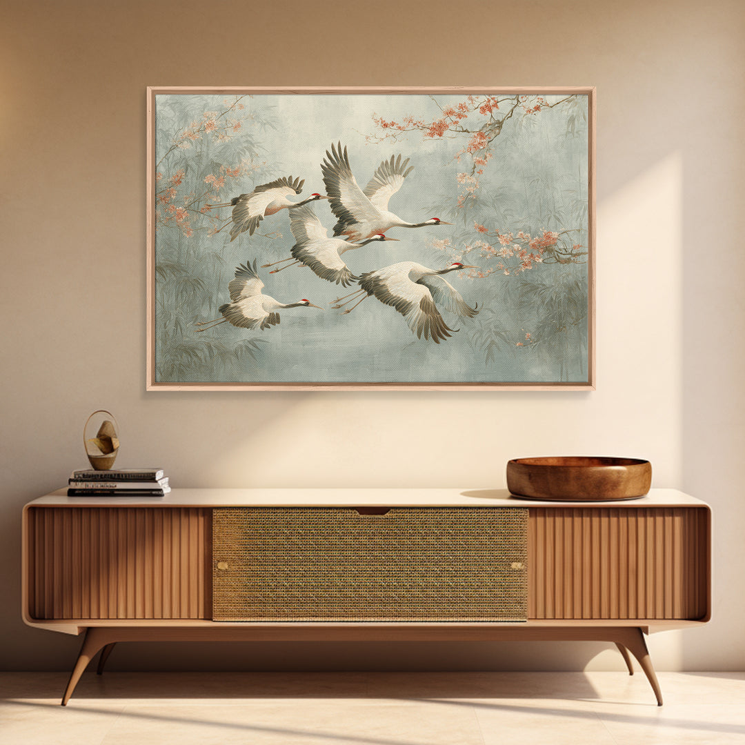 Ethereal Cranes Flying Through Pale Morning Mist Canvas Print, Above Bed Art, Sage Green Wall Art, Bedroom Decor, Oil Painting, ABA-3x2-37