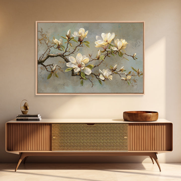 Delicate Magnolia Branch on Cream Background Canvas Print, Above Bed Art, Japanese Wall Art, Bedroom Decor, Fine Art, Serenity, ABA-3x2-44