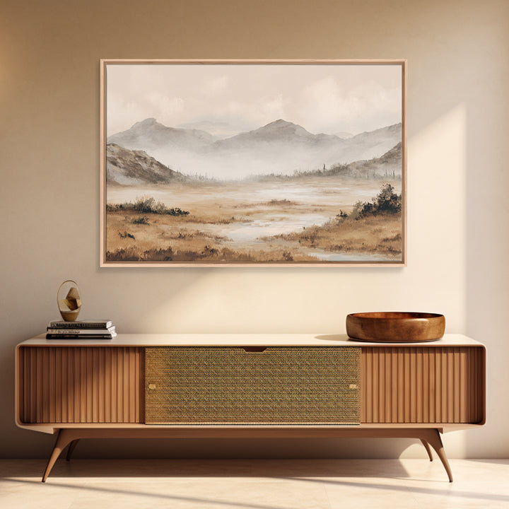 Panoramic Misty Mountain Landscape Framed Canvas Print, Above Bed Art, Dopamine Decor, Bedroom Decor, Oil Painting, Serenity, ABA-3x2-5