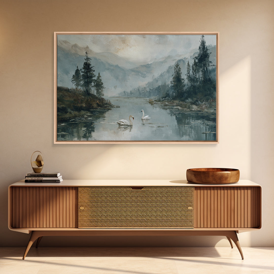 Paired Swans in a Dreamy Painterly Lake Framed Canvas Print, Above Bed Art, Living Room Decor, Bedroom Decor, Serenity, ABA-3x2-50