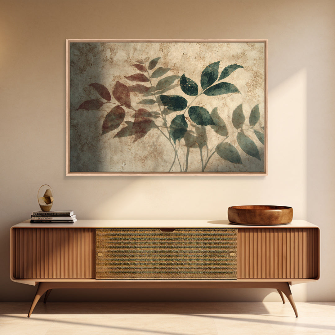 Tonal Botanical Shadows on Plaster Surface Canvas Print, Above Bed Art, Living Room Wall Art, Bedroom Decor, Oil Painting, ABA-3x2-51