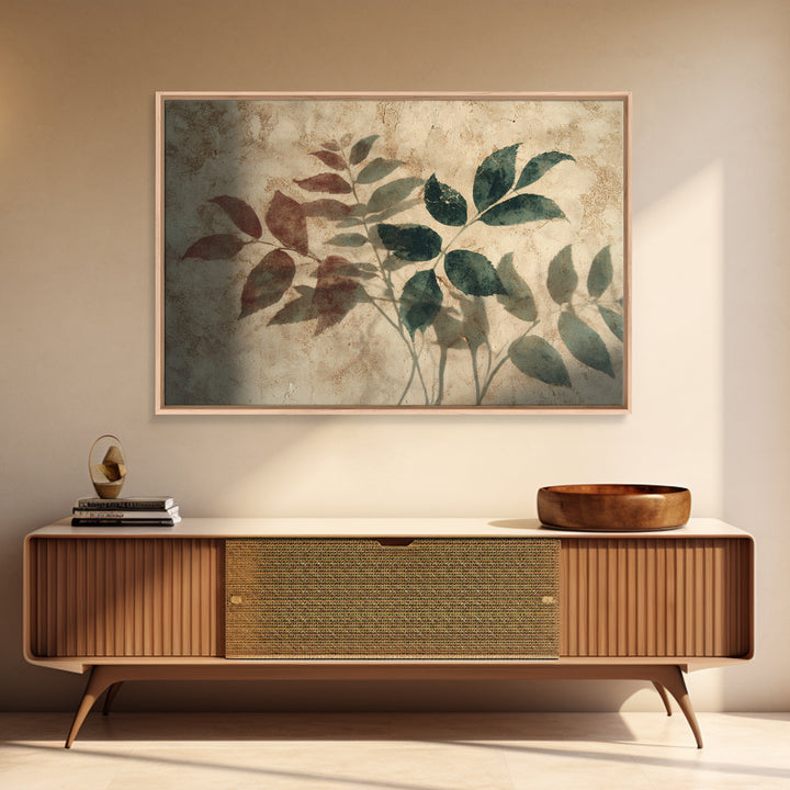 Tonal Botanical Shadows on Plaster Surface Canvas Print, Above Bed Art, Living Room Wall Art, Bedroom Decor, Oil Painting, ABA-3x2-51