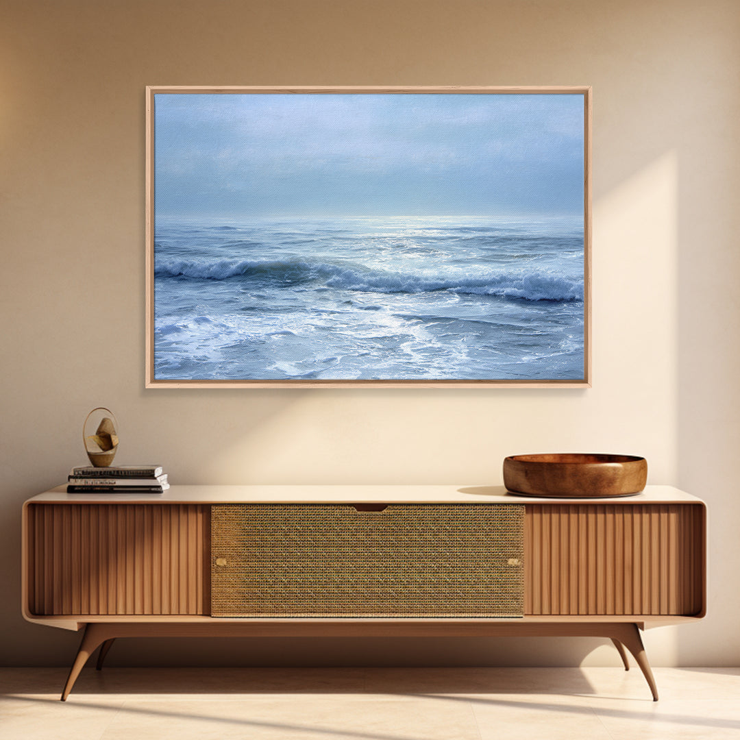 Quiet Moon over a Calm Ocean Horizon Framed Canvas Print, Above Bed Art, Digital Art, Bedroom Decor, Fine Art, Serenity, ABA-3x2-55