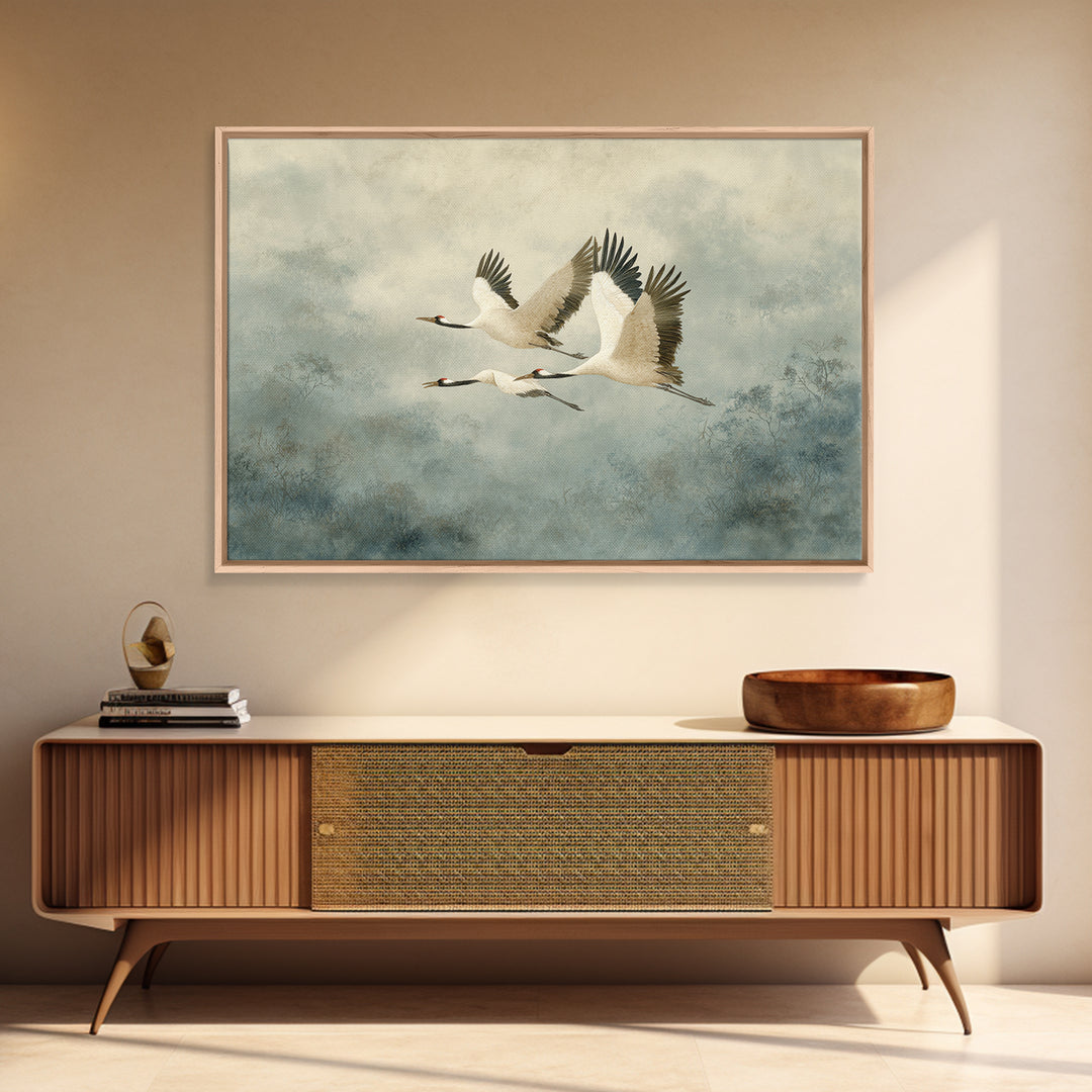 Ethereal Cranes Flying Through Pale Morning Mist Canvas Print, Above Bed Art, Sage Green Wall Art, Bedroom Decor, Oil Painting, ABA-3x2-61