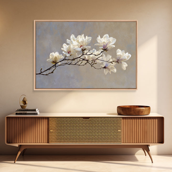 Delicate Magnolia Branch on Cream Background Canvas Print, Above Bed Art, Gallery Decor, Bedroom Decor, Oil Painting, Serenity, ABA-3x2-68