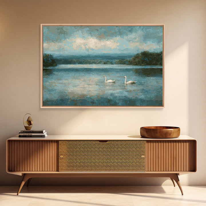 Paired Swans in a Dreamy Painterly Lake Framed Canvas Print, Above Bed Art, Living Room Decor, Bedroom Decor, Serenity, ABA-3x2-74